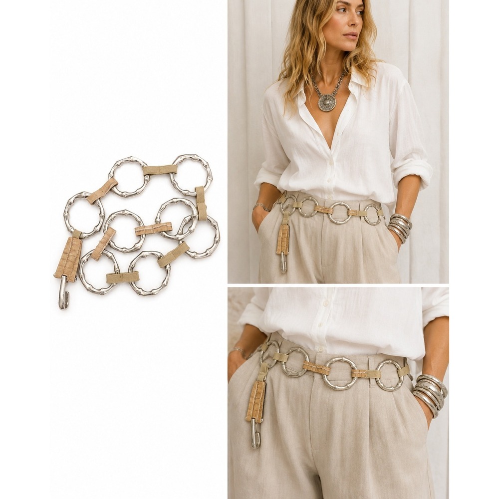 Suzi Roher Chain Belt OS Beige Silver Bamboo Ring Embossed Leather Luxury Boho